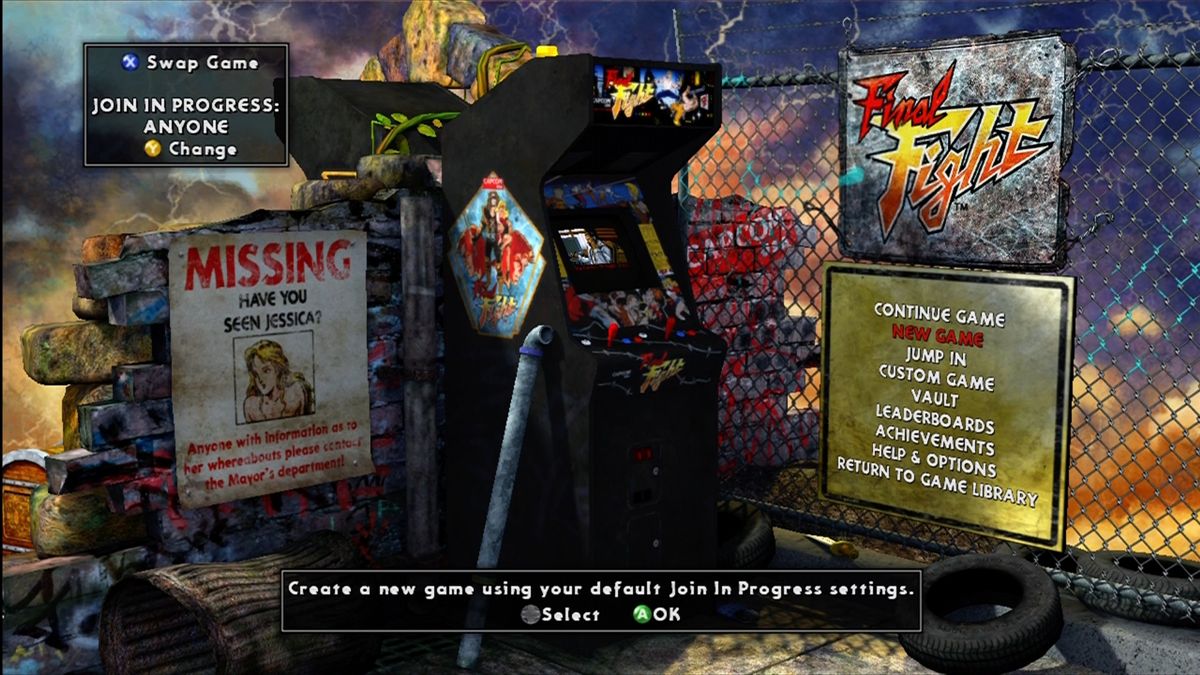 Final Fight: Double Impact (Xbox 360) screenshot: Final Fight arcade cabinet and menu.