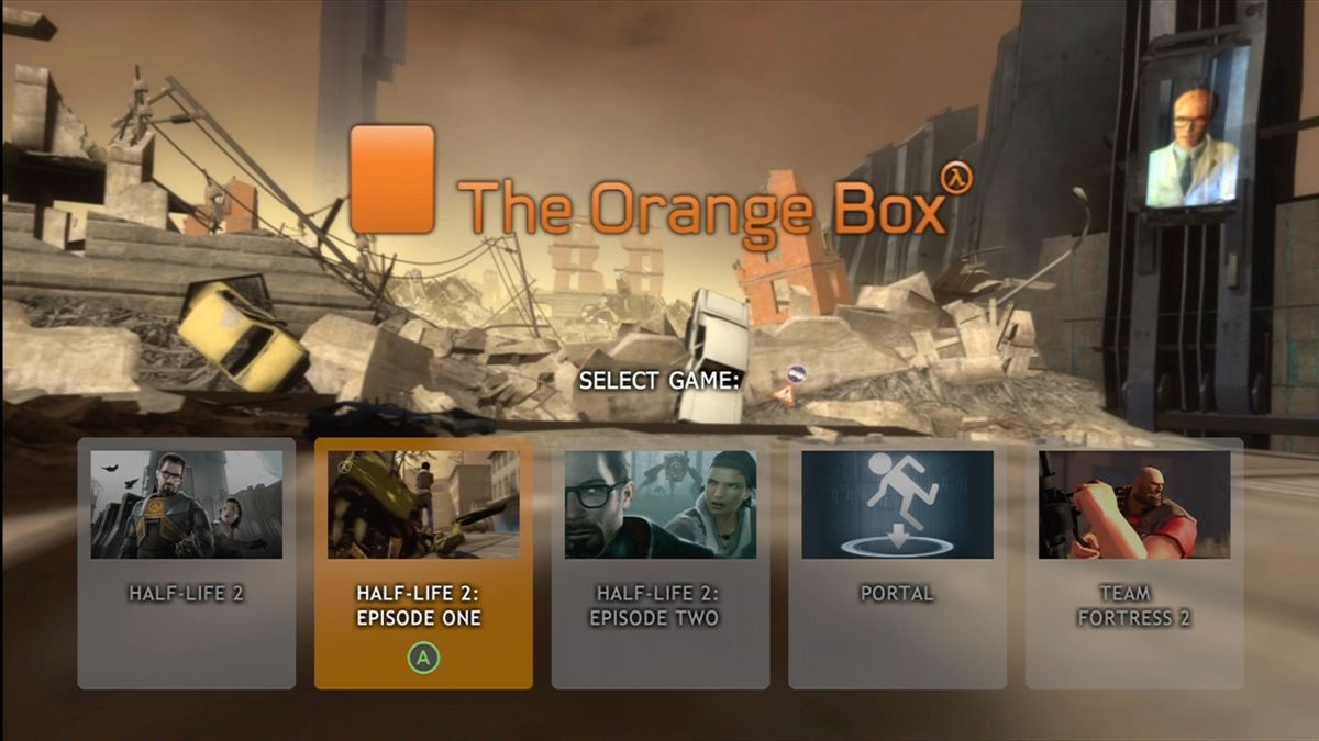 The Orange Box (Xbox 360) screenshot: Main game select menu