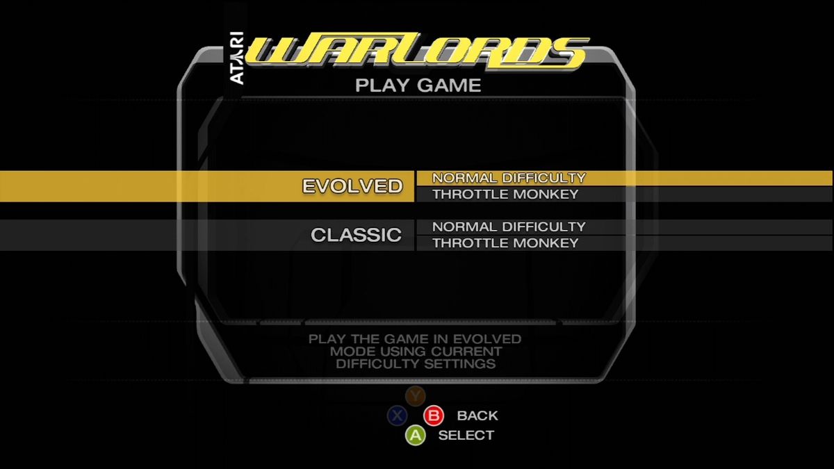Warlords (Xbox 360) screenshot: Two modes - "classic" and "evolved"