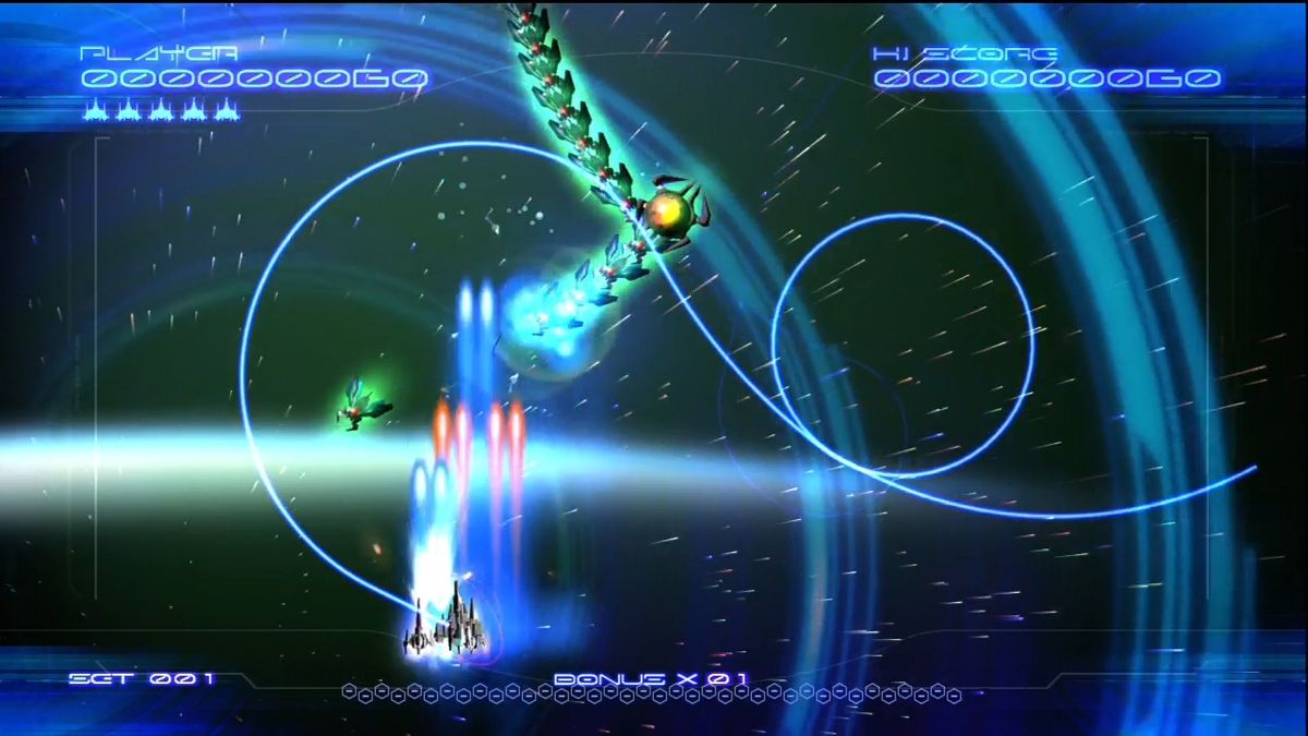 Galaga: Legions (Xbox 360) screenshot: Fight against waves of enemies.