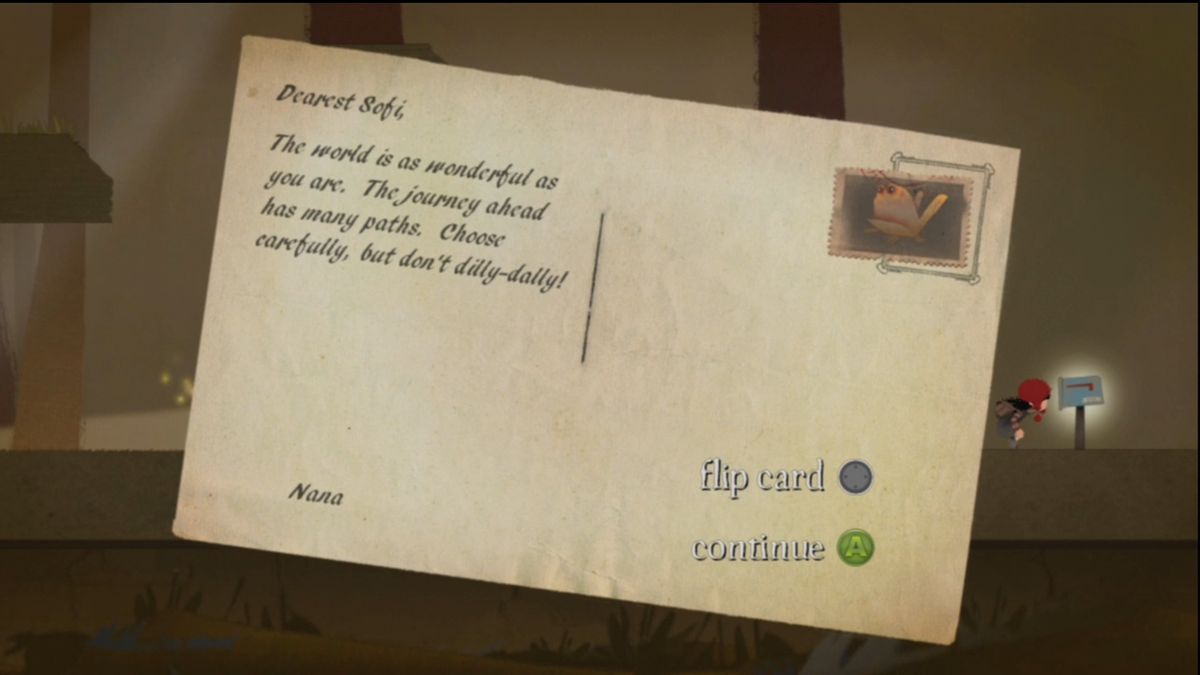 Lucidity (Xbox 360) screenshot: The end of each level shows a postcard from grandma.
