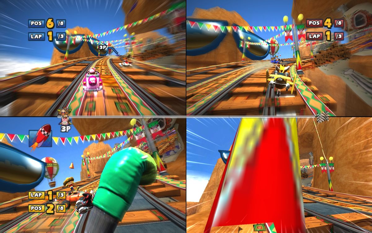 Sonic & SEGA All-Stars Racing (Windows) screenshot: Player three got hit by a glove - the camera on screen four on the other hand hits a pole.