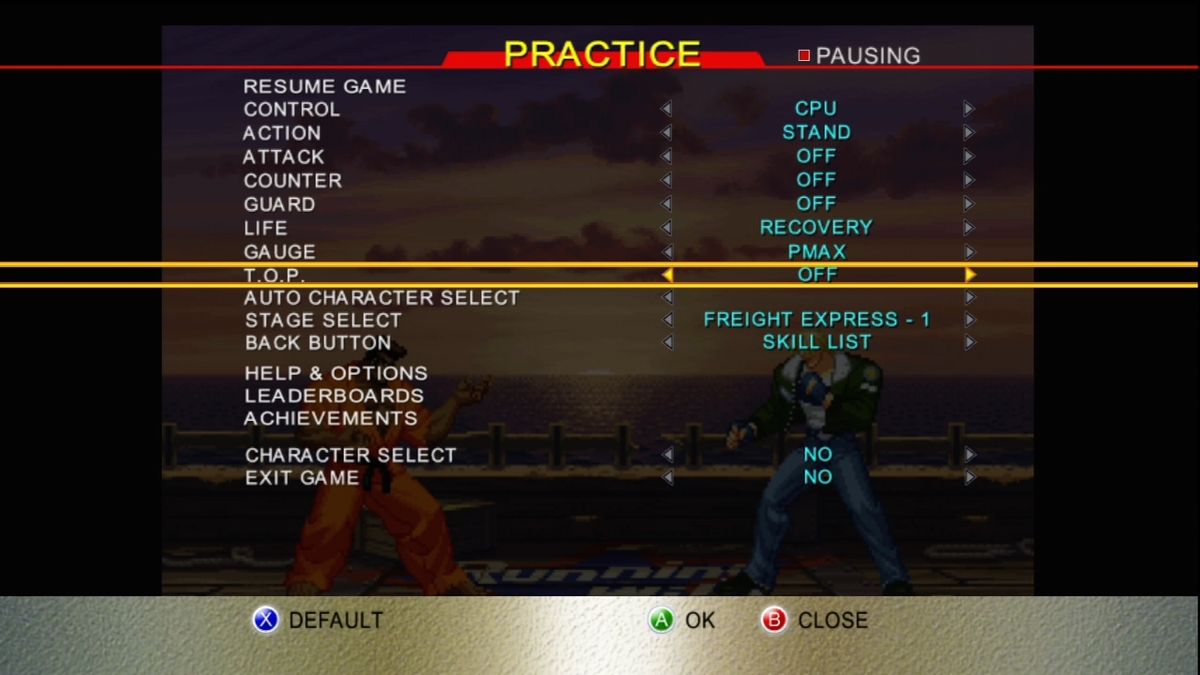 Garou: Mark of the Wolves (Xbox 360) screenshot: A.I. dummy options in practice mode.
