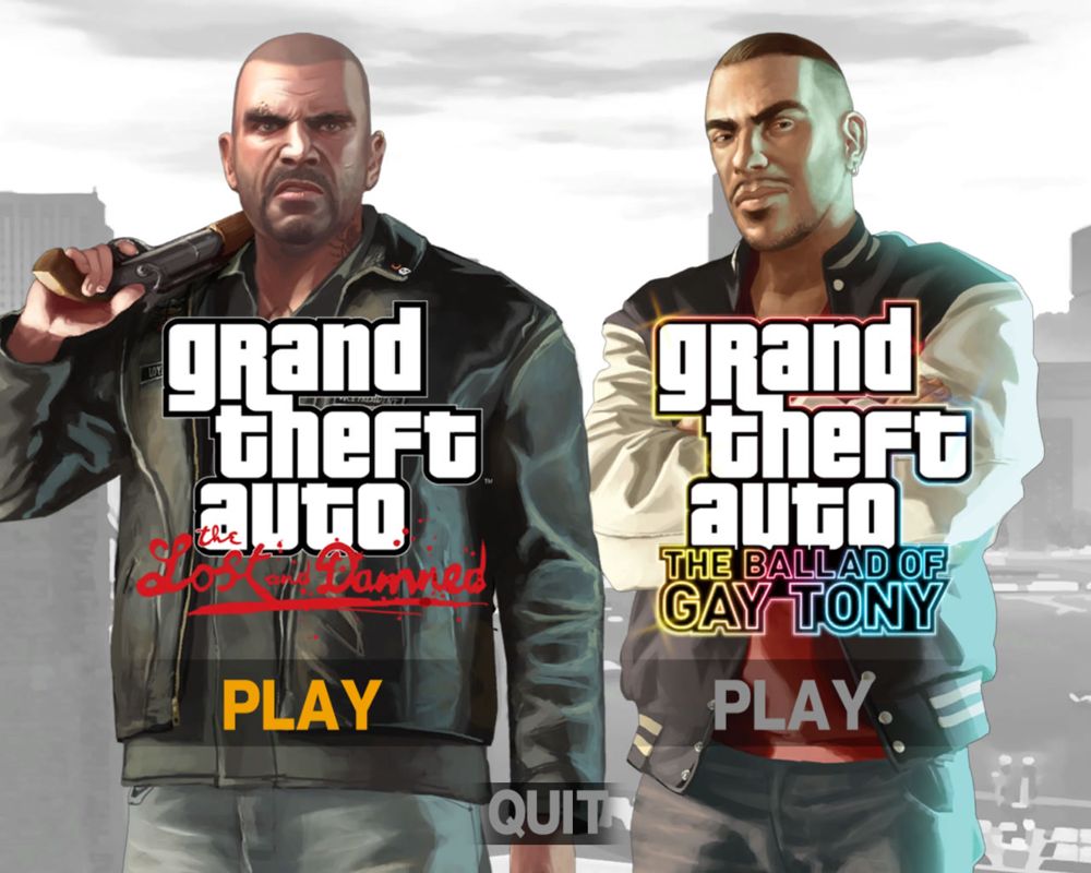 Grand Theft Auto: Episodes from Liberty City (Windows) screenshot: Title screen where the player chooses the episode he wants to play