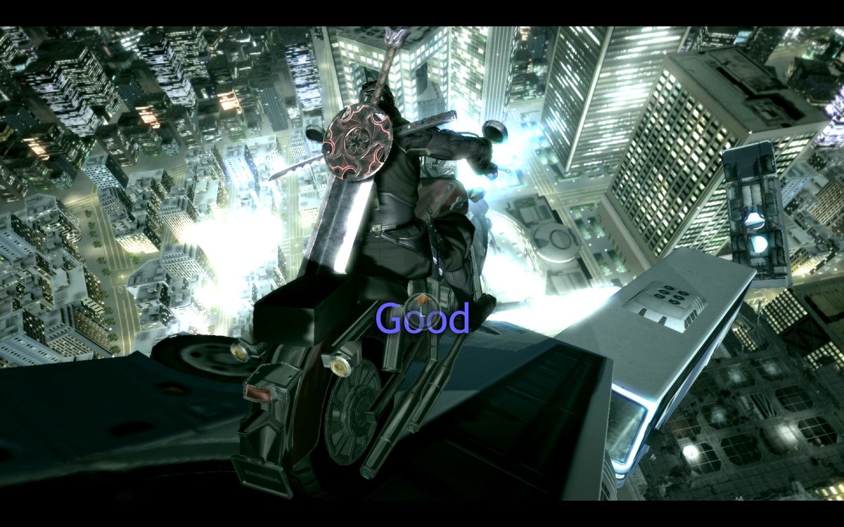 Ninja Blade (Windows) screenshot: Yes, of course like Dante Ken gets to ride a motorcycle - even up a skyscraper.