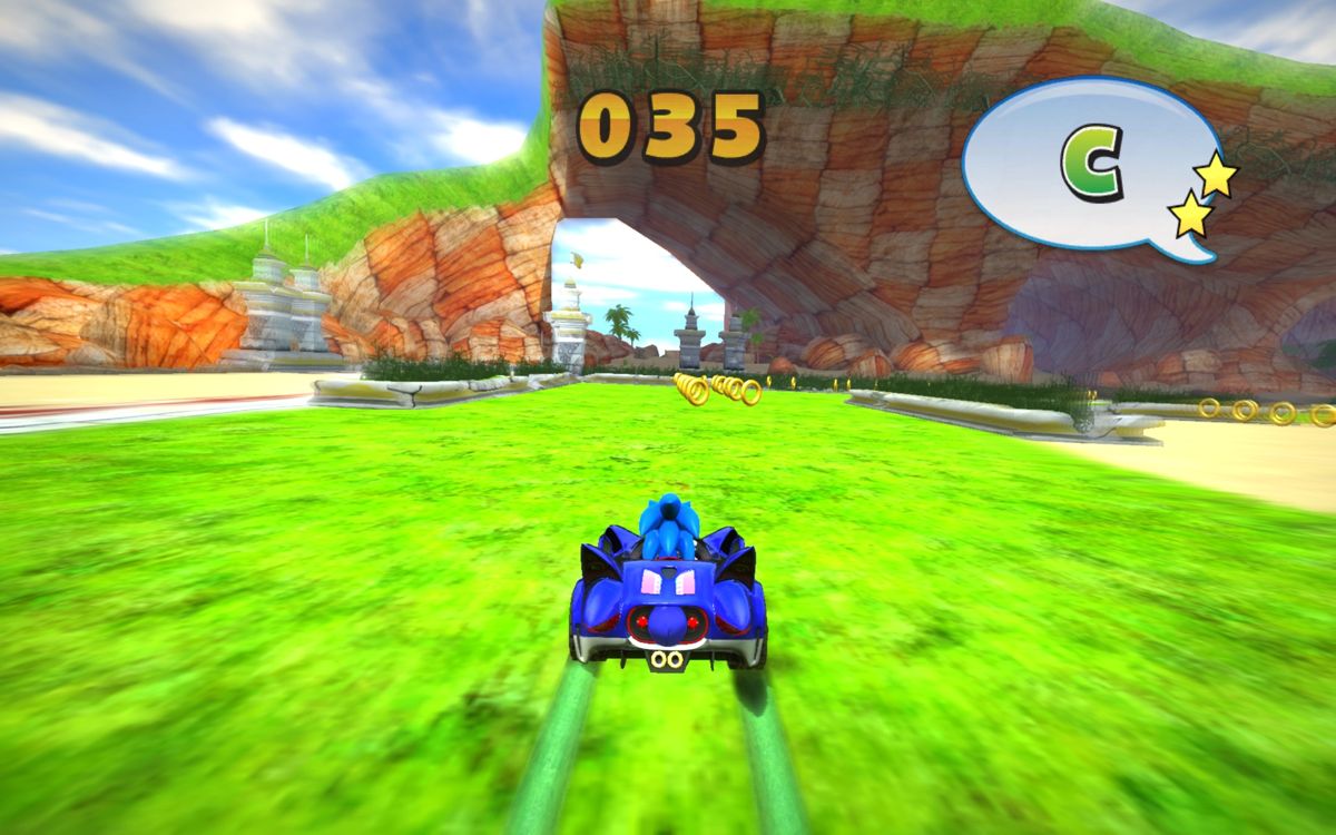 Sonic & SEGA All-Stars Racing (Windows) screenshot: Sonic doing was Sonic does best: collecting rings.