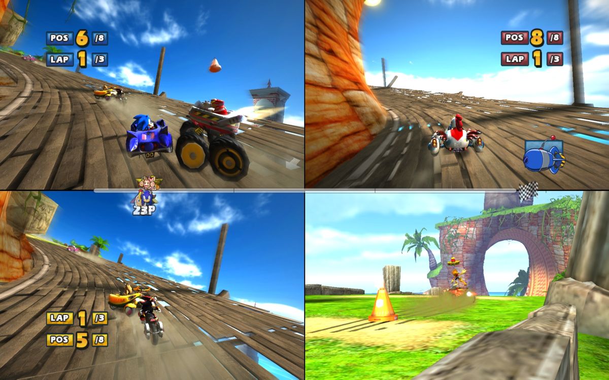 Sonic & SEGA All-Stars Racing (Windows) screenshot: The game can be played with up to four players. In this shot there are only three.