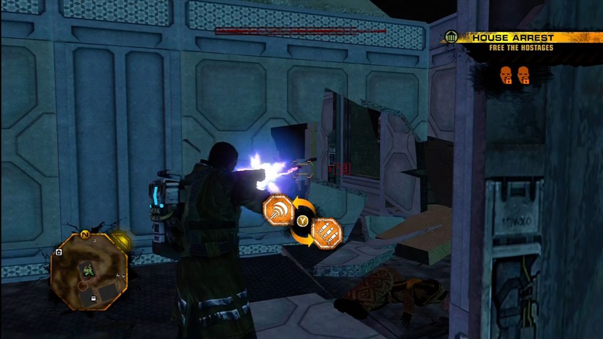 Red Faction: Guerrilla (Xbox 360) screenshot: Shoot right through walls to get to enemies on the other side.