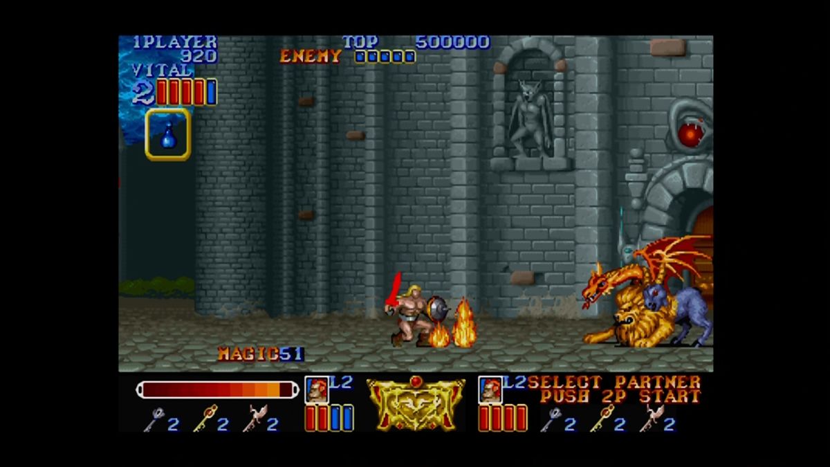 Final Fight: Double Impact (Xbox 360) screenshot: Boss battle outside the tower.