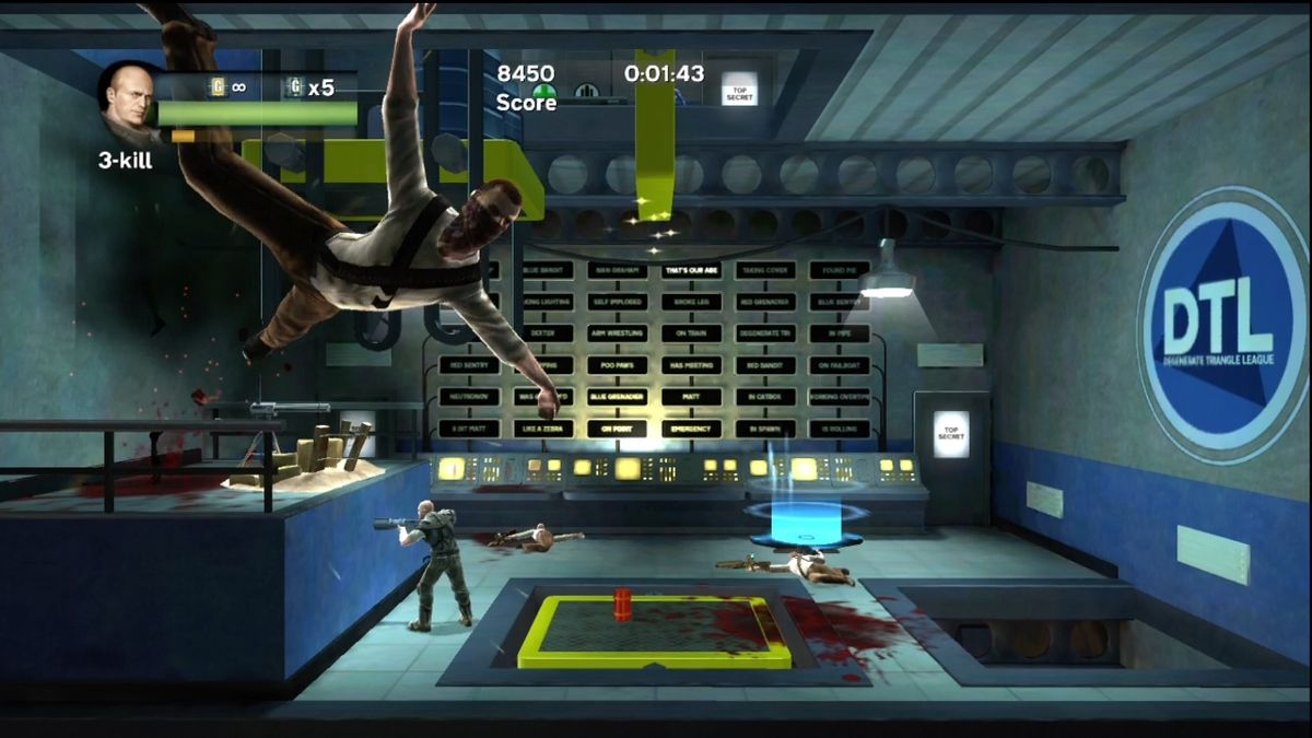 Matt Hazard: Blood Bath and Beyond (Xbox 360) screenshot: Grenades send bodies flying toward the camera.