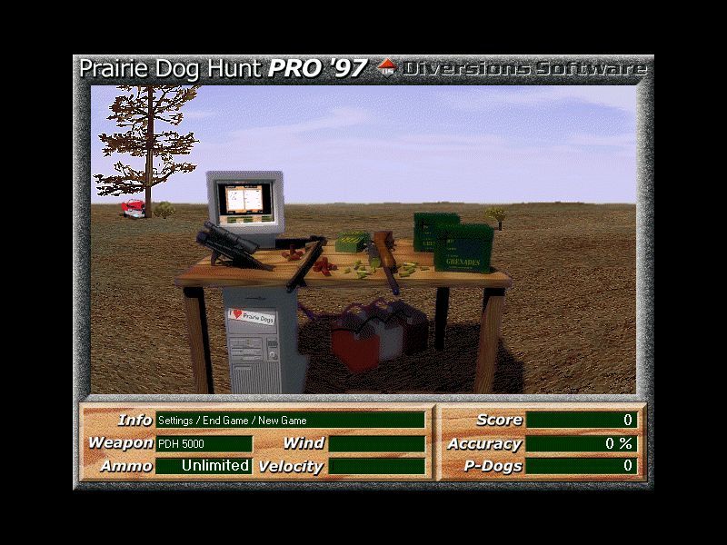 Prairie Dog Hunt Pro '97 (Windows 3.x) screenshot: Starting the game in arcade mode. Here the player selects their weapon. Note: not all weapons are available in the shareware version.