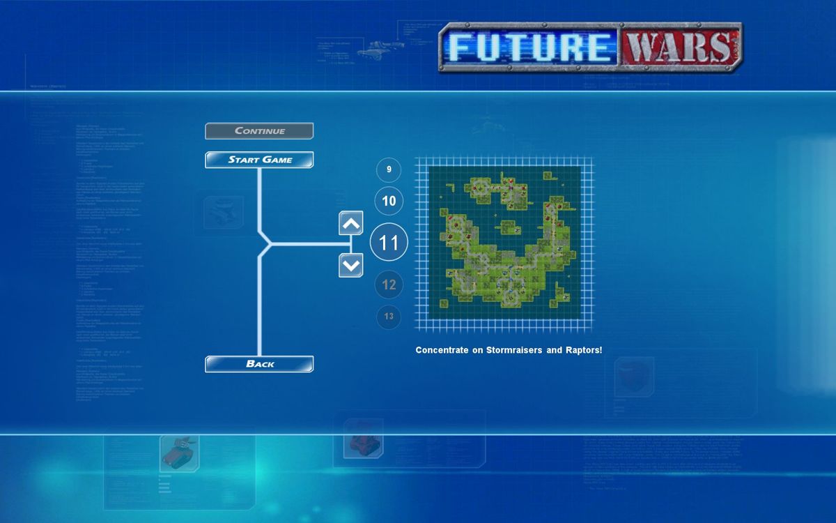 Future Wars (Windows) screenshot: Continuing a campaign allows the player to choose a map