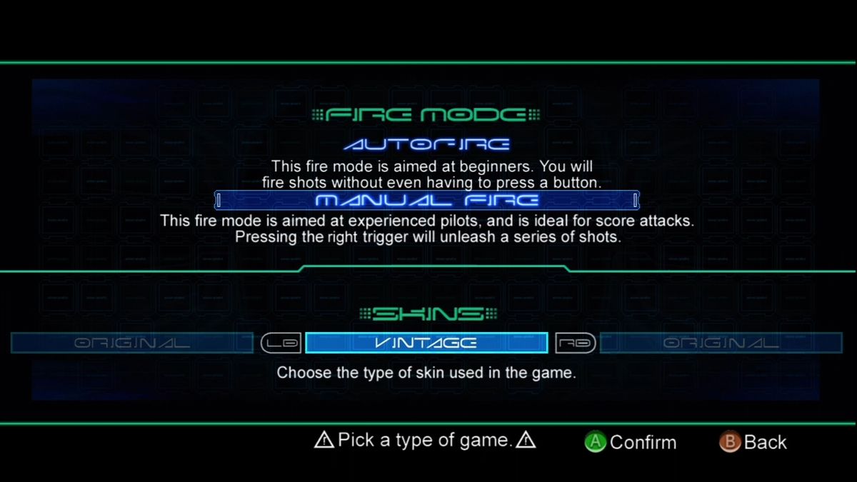 Galaga: Legions (Xbox 360) screenshot: Select your control type.
