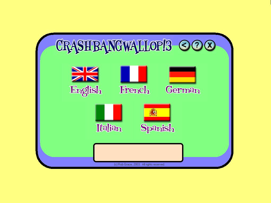 CrashBangWallop!3 (Windows) screenshot: Language selection - you can always return to it.