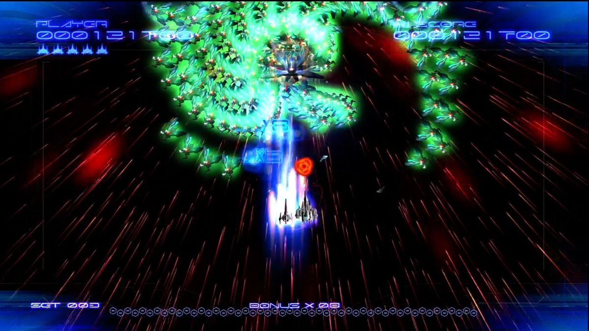 Galaga: Legions (Xbox 360) screenshot: Enemies form interesting patterns.
