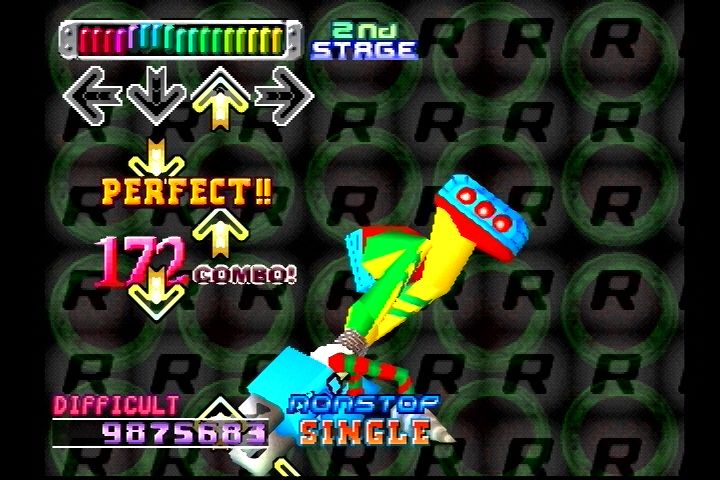 Dance Dance Revolution (PlayStation) screenshot: You play through four songs without taking a break, and no continues. Try for a full combo!