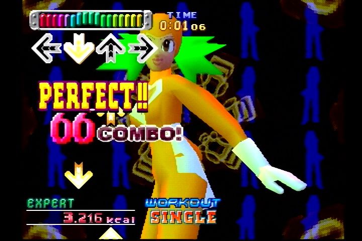 Dance Dance Revolution (PlayStation) screenshot: The screen shows you how many calories you've burned during the session and how long you've been playing.