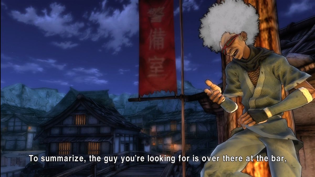 Afro Samurai (Xbox 360) screenshot: Samuel L. Jackson voices Ninja Ninja, a smartass specter guide.