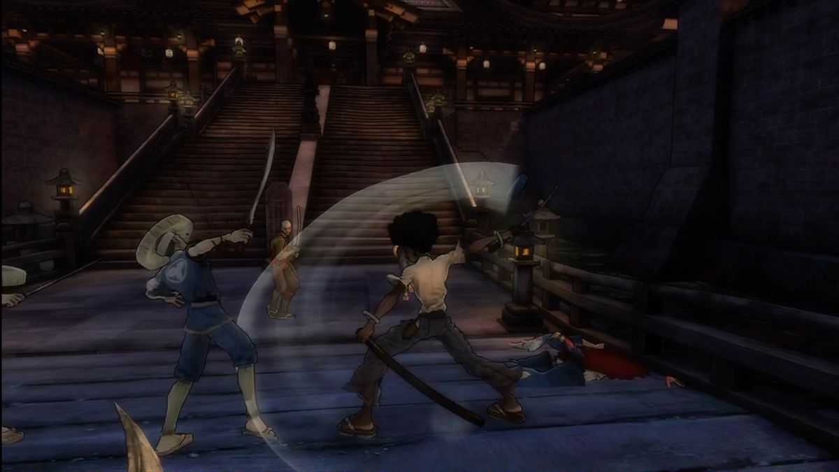 Afro Samurai (Xbox 360) screenshot: Fighting outside a manor.