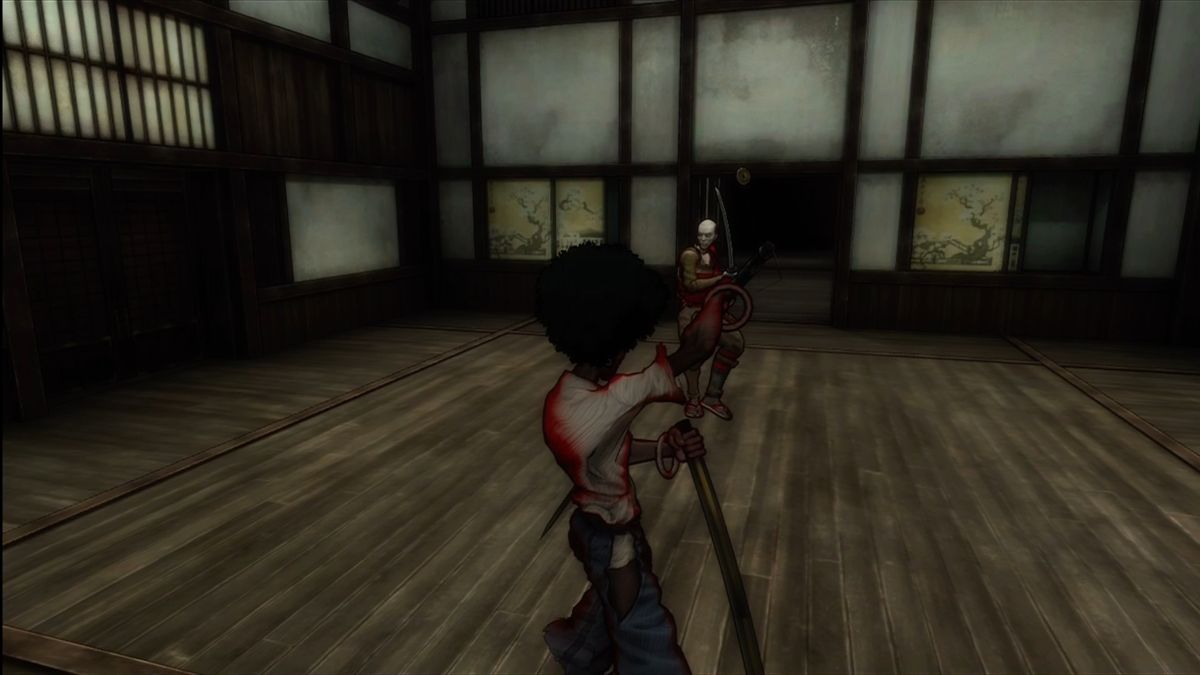Afro Samurai (Xbox 360) screenshot: Afro glows red when his health is low.