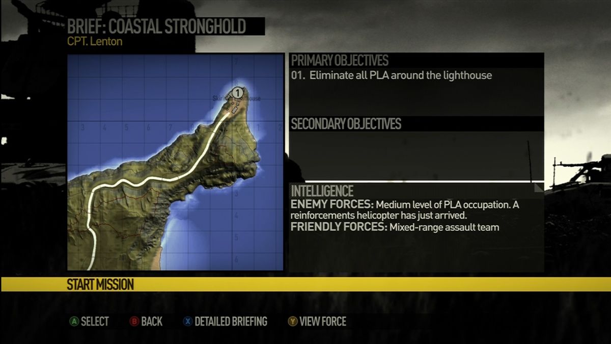 Operation Flashpoint: Dragon Rising (Xbox 360) screenshot: Pre-mission briefing screen.