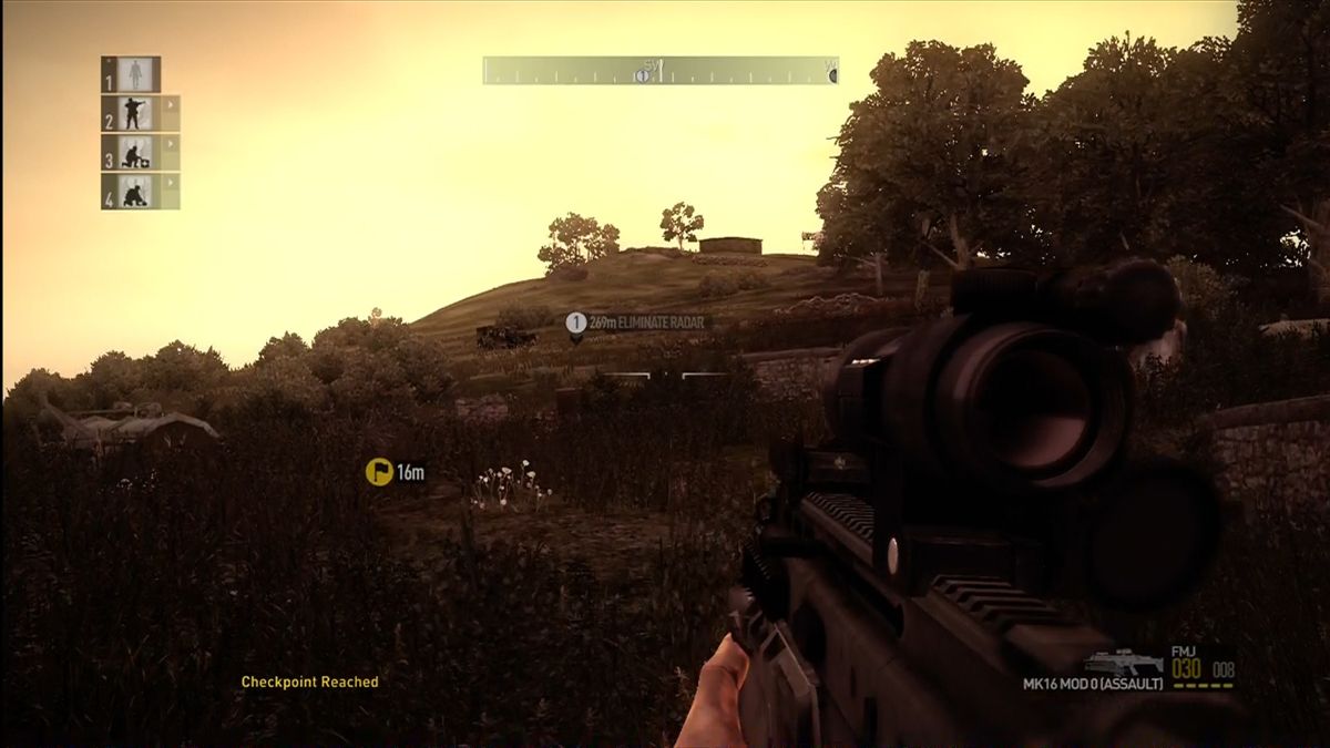 Operation Flashpoint: Dragon Rising (Xbox 360) screenshot: Normal difficulty gives objective markers and HUD status.