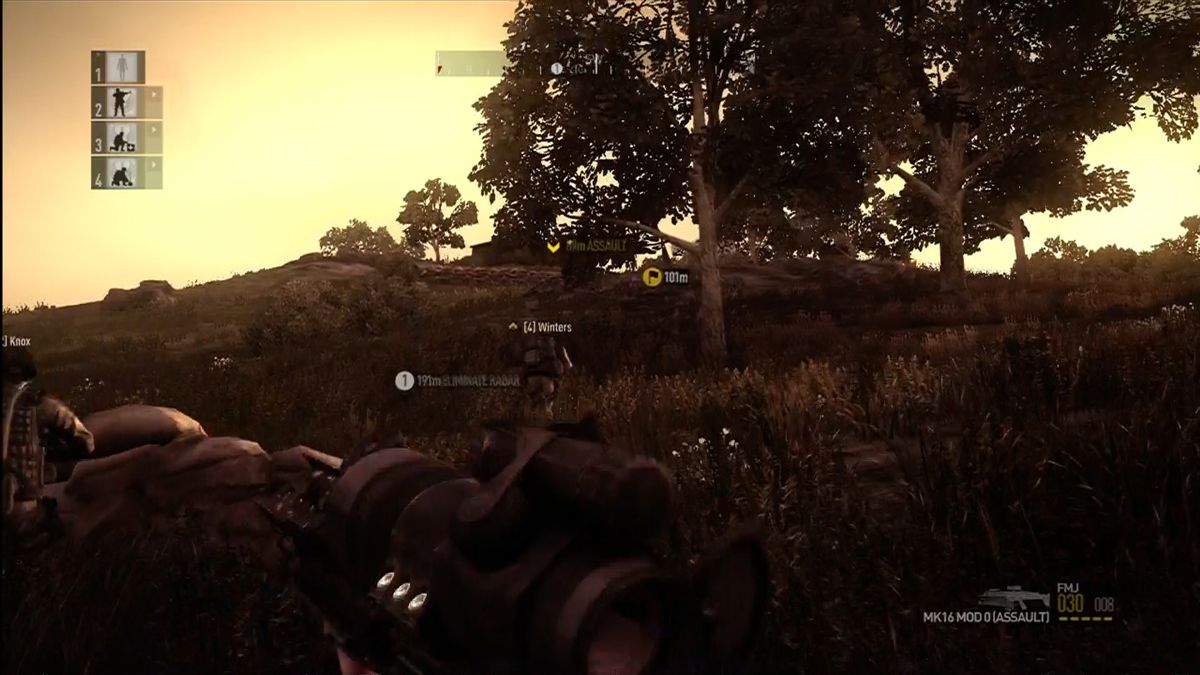 Operation Flashpoint: Dragon Rising (Xbox 360) screenshot: A.I. squadmates cover each other as they advance.