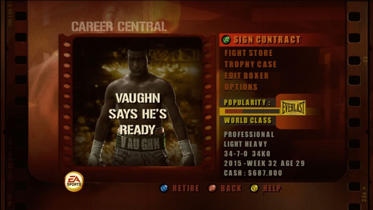 Fight Night Round 3 (Xbox 360) screenshot: Main menu for career mode.