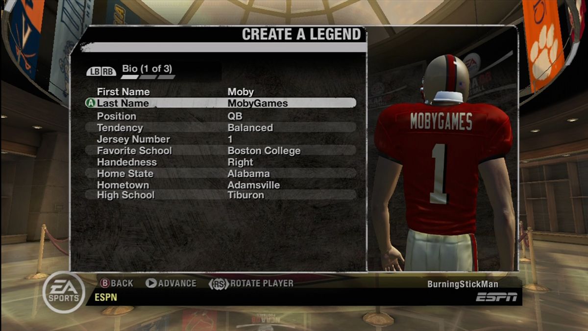 NCAA Football 08 (Xbox 360) screenshot: Creating a player.