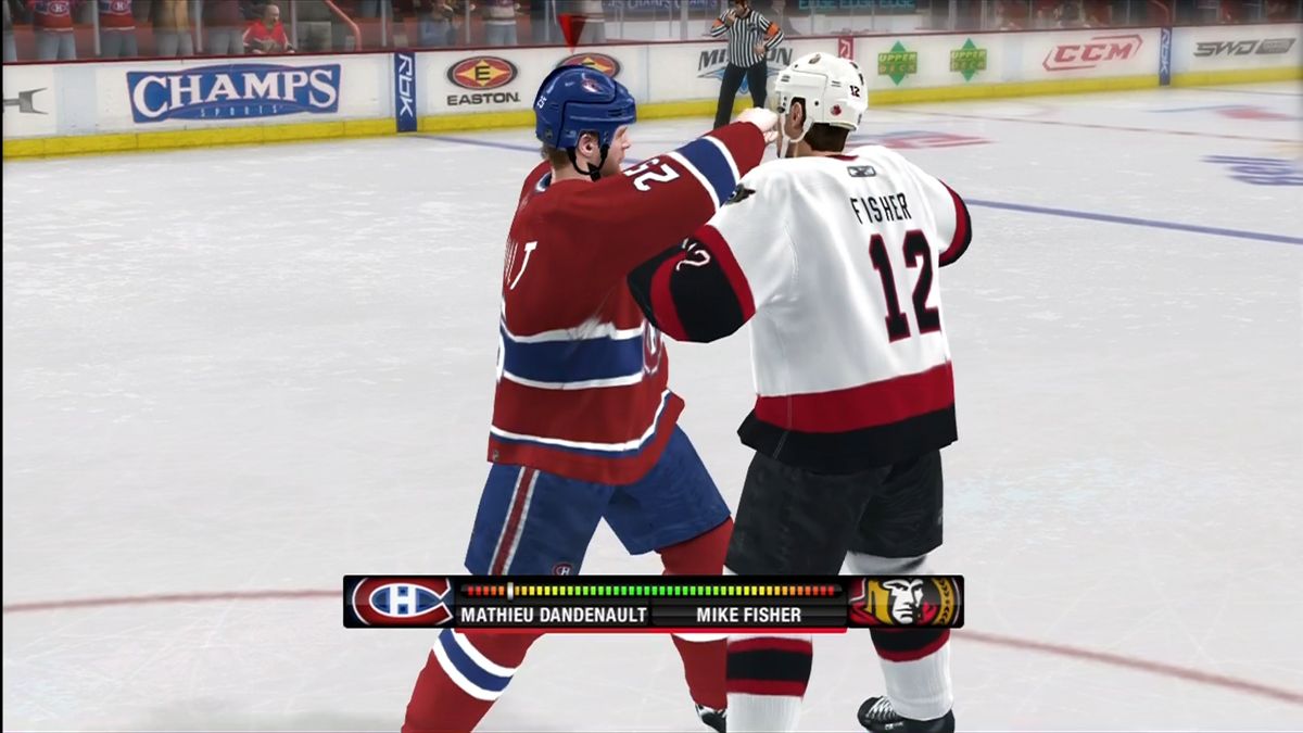 NHL 08 (Xbox 360) screenshot: Getting into a very plastic-looking fight. Mash the stick real fast to (maybe) win.