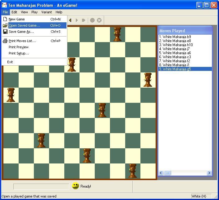 8 Queens (Windows) screenshot: The game records the moves made, these can be printed if required