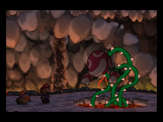 Paper Mario (Nintendo 64) screenshot: Encountering the Lava Piranha.