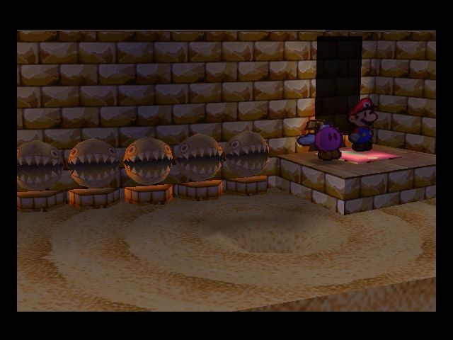 Paper Mario (Nintendo 64) screenshot: Mario and Bombette solving a puzzle in Dry Dry Ruins.