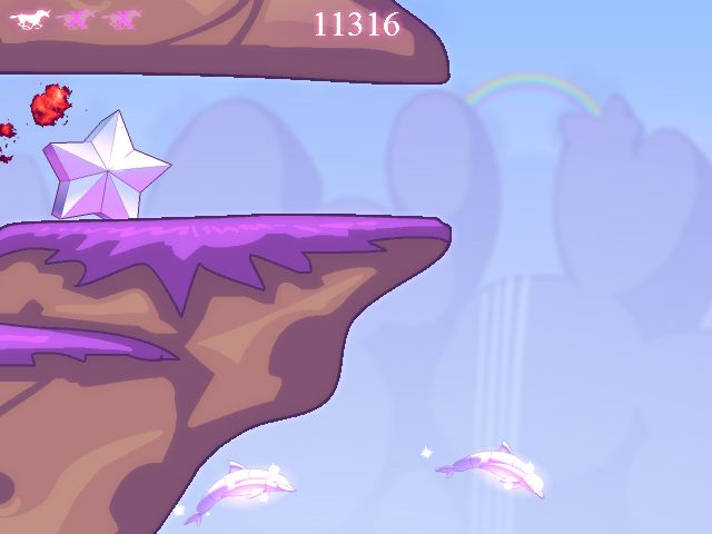 Robot Unicorn Attack (Browser) screenshot: The unicorn has failed and bumped into the star. Oh, the dolphins!