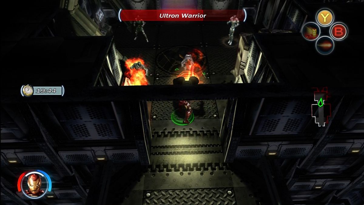 Marvel Ultimate Alliance (Xbox 360) screenshot: Unlockable historical bonus missions. Iron Man takes on Ultimo.