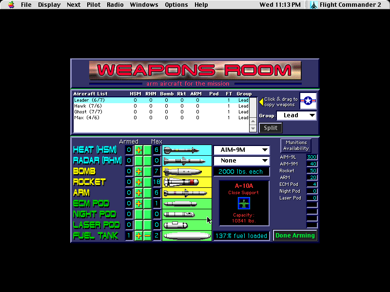 Flight Commander 2 (Macintosh) screenshot: Each pilots plane and weapons load best for the mission