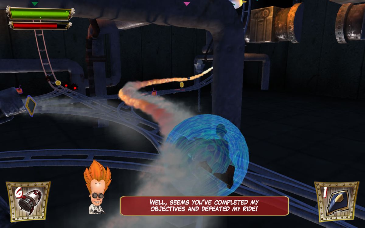 Doom Rails (Windows) screenshot: Shooting a rocket while deploying a shield