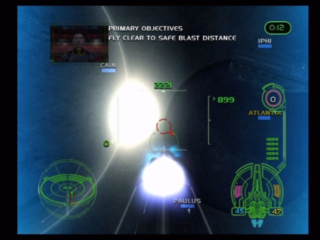 Battlestar Galactica (Xbox) screenshot: Hitting the afterburners to get away in time.