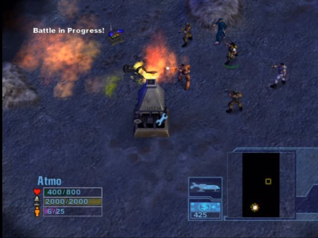 Aliens Versus Predator: Extinction (Xbox) screenshot: Marines capture atmosphere processors for credits.