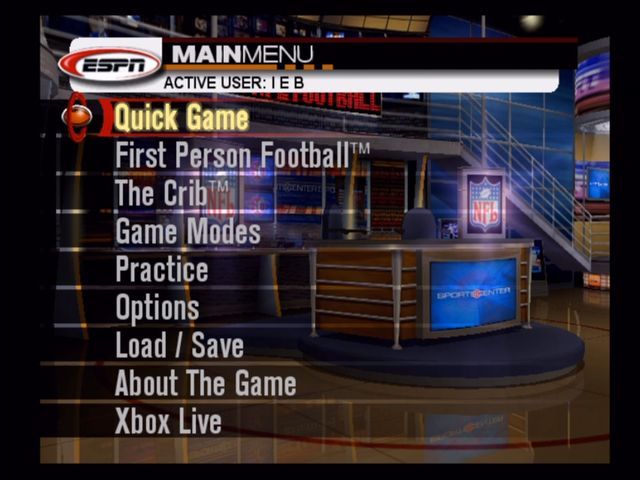 ESPN NFL Football (Xbox) screenshot: Main menu.