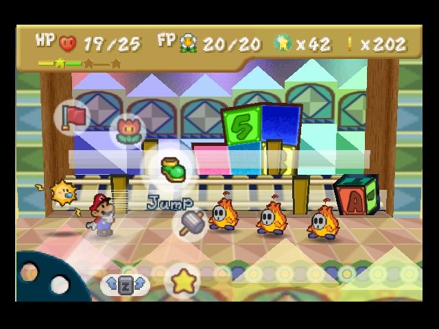 Paper Mario (Nintendo 64) screenshot: Mario and Watt fighting three Pyro Guys.