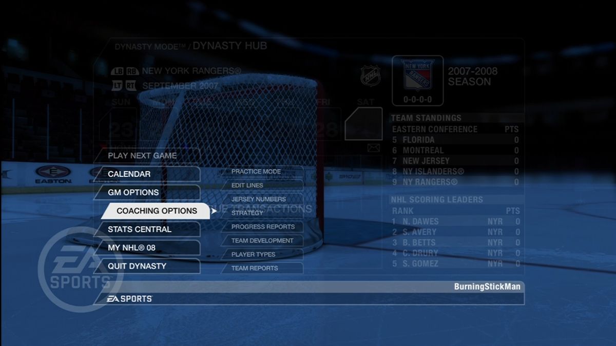 NHL 08 (Xbox 360) screenshot: Main menu for the Dynasty mode.