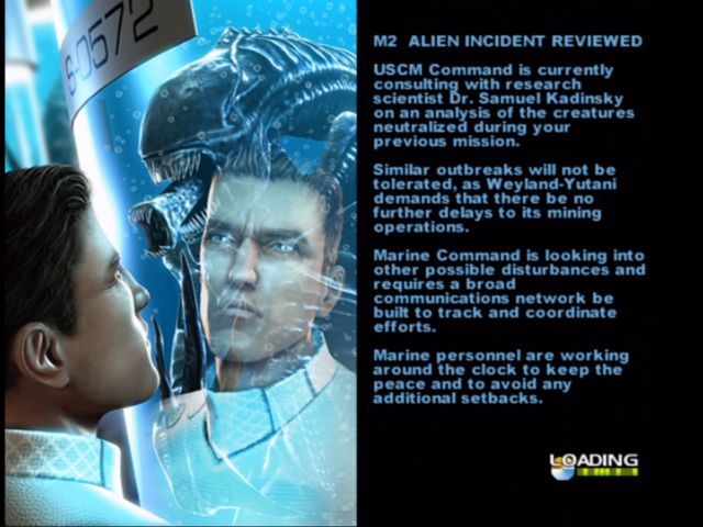 Aliens Versus Predator: Extinction (Xbox) screenshot: Campaign loading screens set up the mission.