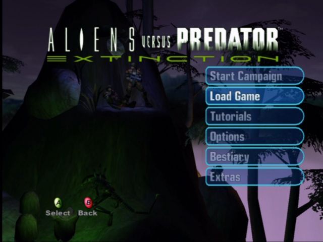 Aliens Versus Predator: Extinction (Xbox) screenshot: Main menu.