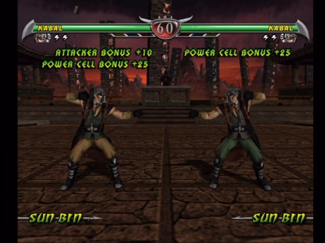 Mortal Kombat: Deception (Xbox) screenshot: You fight to claim or defend a square, with board bonuses applied.