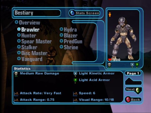 Aliens Versus Predator: Extinction (Xbox) screenshot: On-disc Bestiary details each side's units.