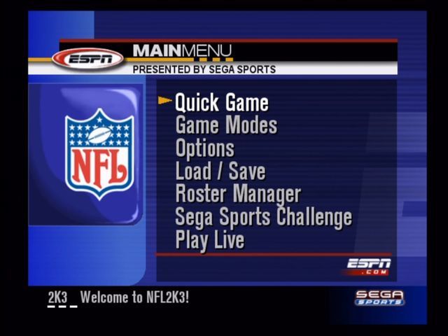 NFL 2K3 (Xbox) screenshot: Main menu.