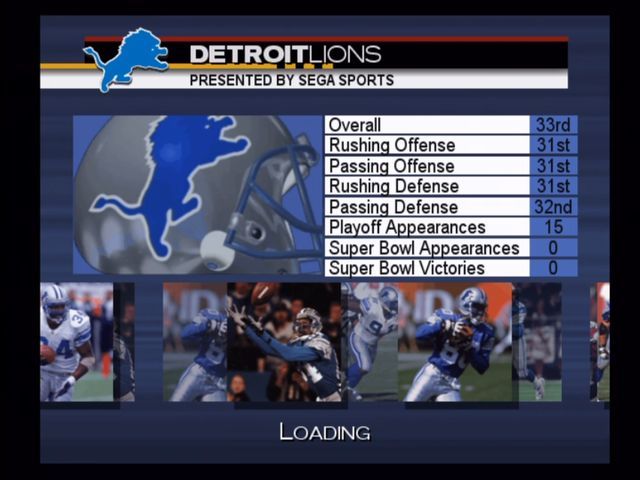 NFL 2K3 (Xbox) screenshot: Team stats are given as the game loads.