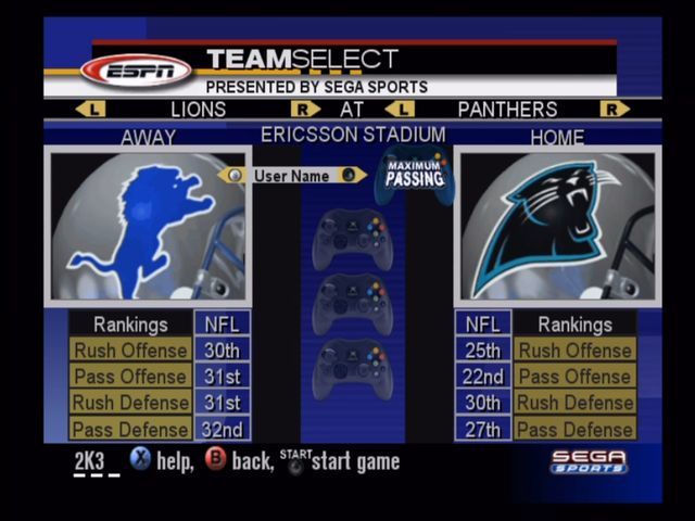 NFL 2K3 (Xbox) screenshot: Select your team for quick match.