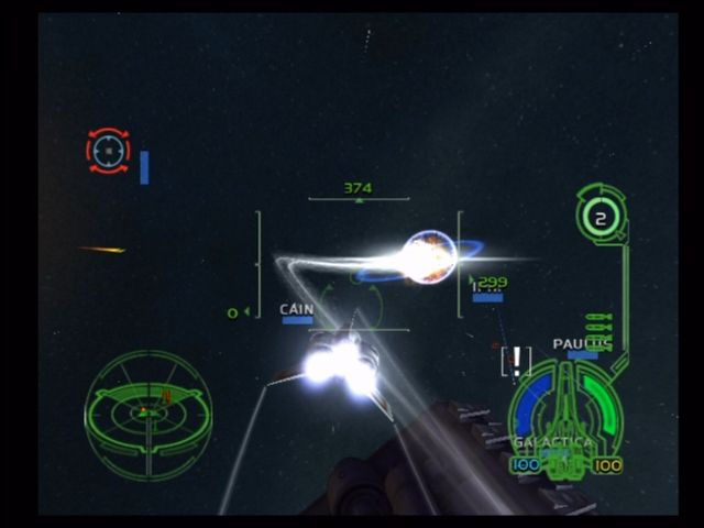 Battlestar Galactica (Xbox) screenshot: Missiles hit true. Eat that, you frackin' toaster!